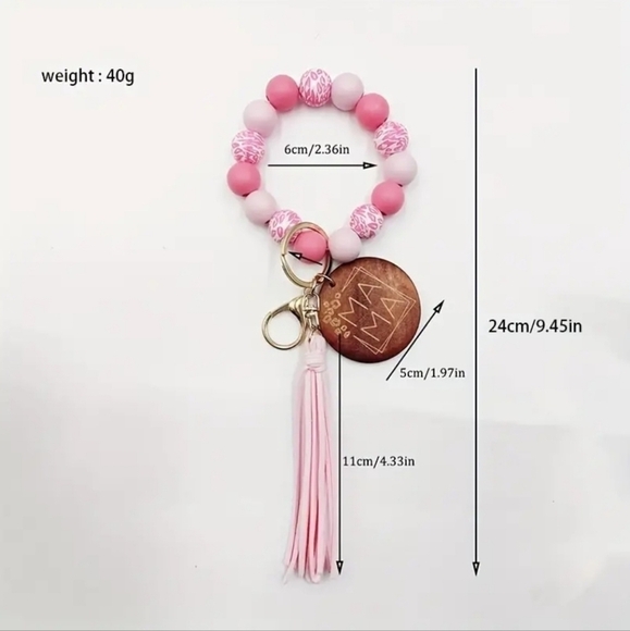 Wooden Beaded Mama Keychain Bag Charm With Pink Tassel - Picture 12 of 13